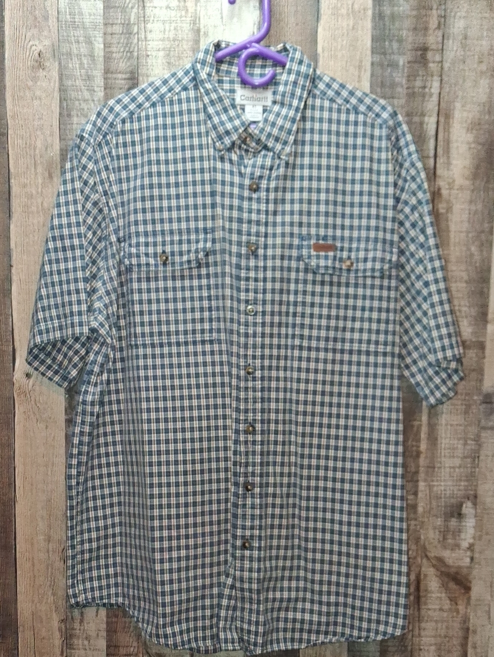 Carhartt Men’s Blue Plaid Short-Sleeve Button-Up Shirt Size XL Tall ⁹